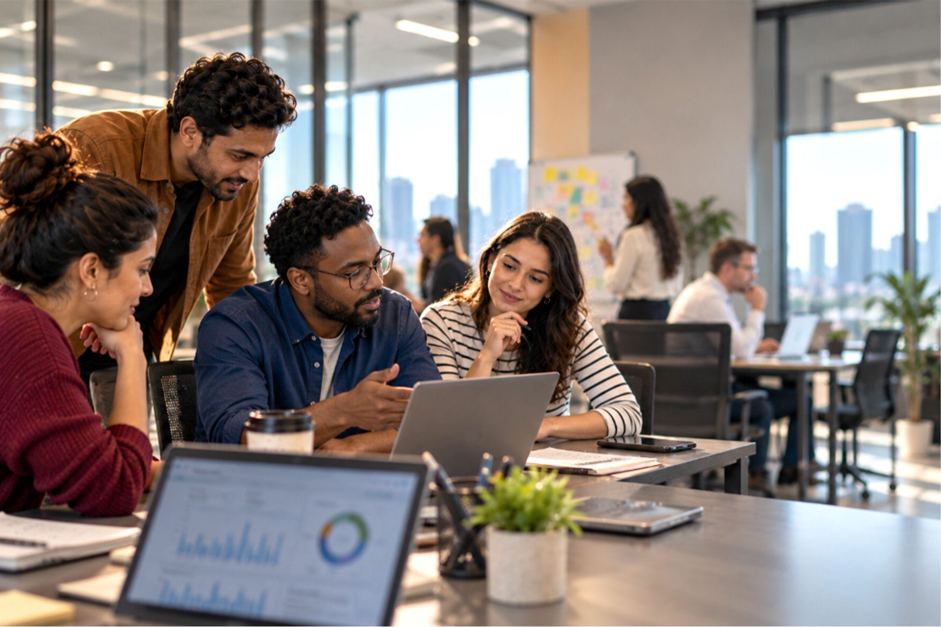 Diverse coworkers collaborating in modern office