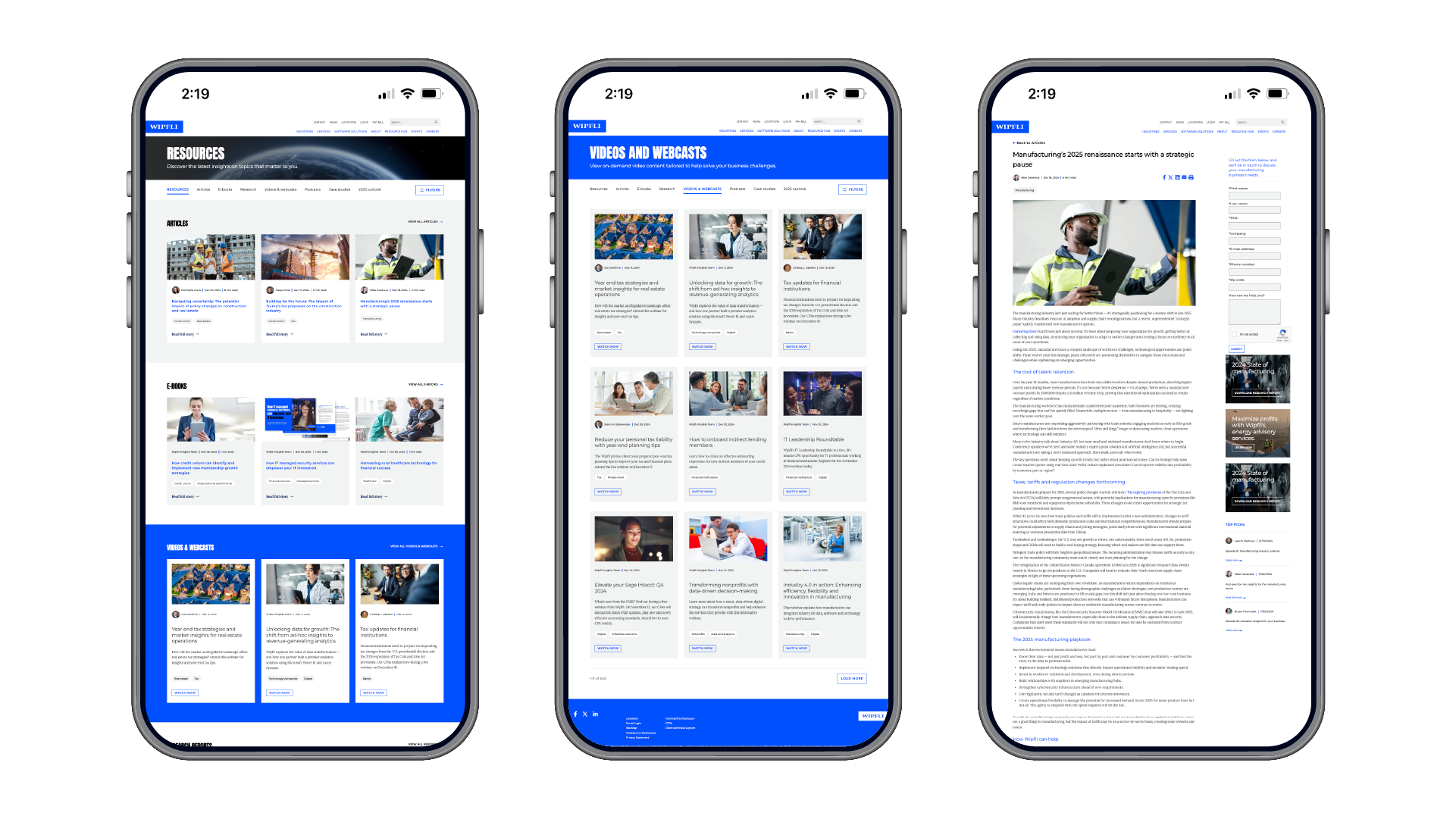 screen shots of Wipfli resource center on mobile device